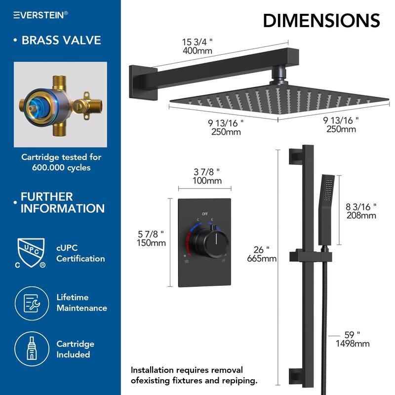 Slide Bar High-Pressure Balancing Shower System 10" Rainfall Shower Head with Handheld Shower