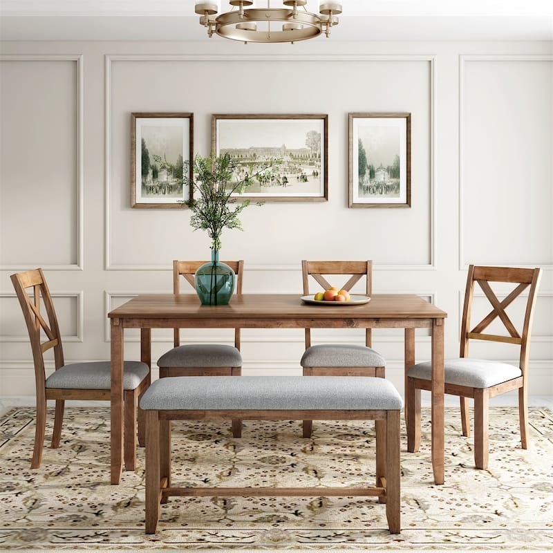 Merax Wooden 6-Piece Kitchen Dining Set with Bench and 4 Dining Chairs - Brown