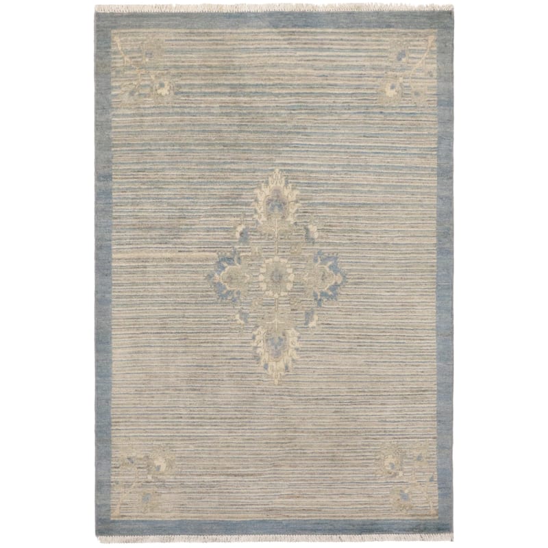 Vintage Inspired Gabbeh Floral Medallion Hand Knotted Area Rug - 3'3'' x 4'10'' - Blue/Beige/Green/Gray
