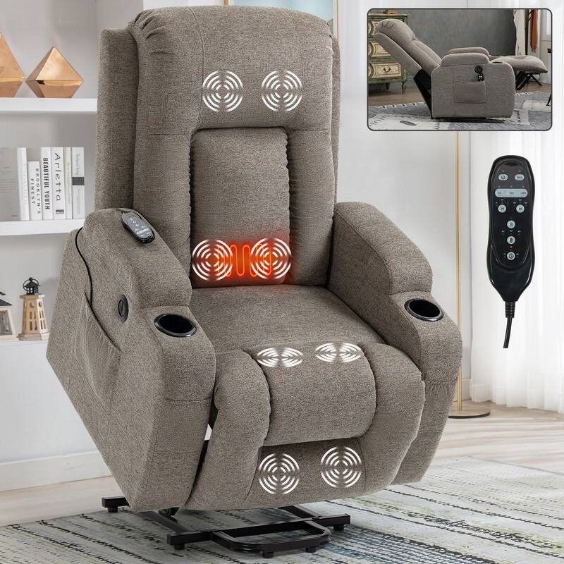 Single Motor Power Lift Recliner Chair with Massage, Heat, and USB Port - 350 lbs Capacity - Brown