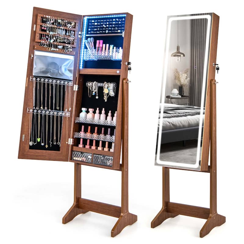LED Mirror Jewelry Cabinet Organizer Armoire Standing w/ 3 Color Light - Walnut