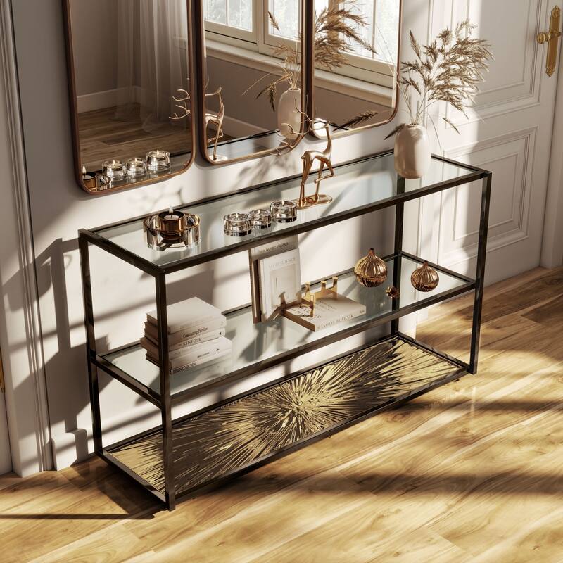 247 Shop At Home Aureum Modern 1-Shelf Sofa Table with Sunburst Base and Tempered Glass Top