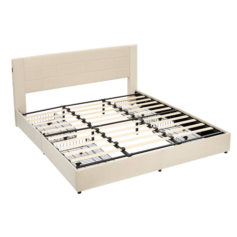 VECELO Upholstered Storage Bed Frame with 2 Side USB Ports and 4 Big Space Drawers, Velvet Headboard and Charging Station-Ports