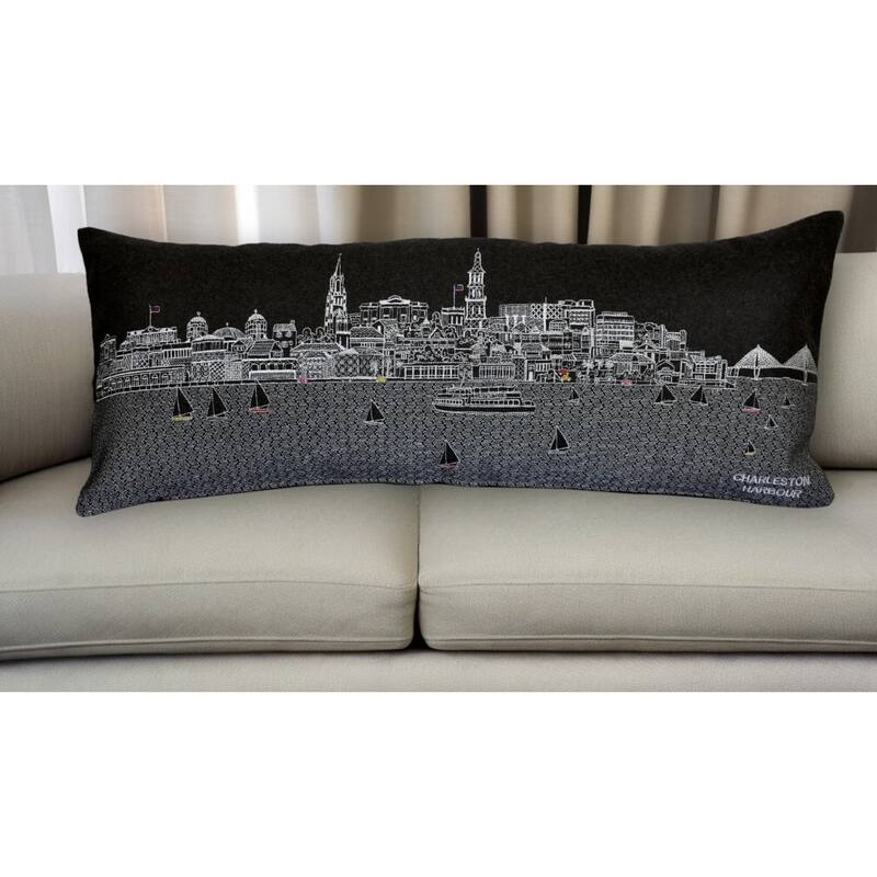 25" Black Charleston Nighttime Skyline Lumbar Decorative Pillow - Black Gray and White