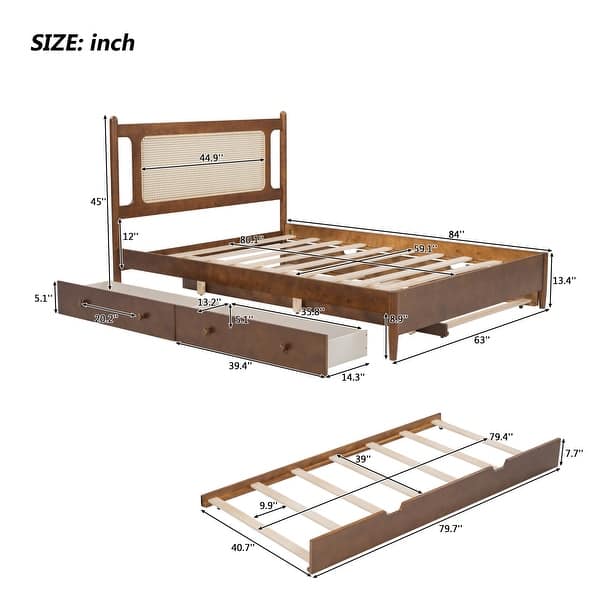 dimension image slide 2 of 3, Queen Size Wooden Rattan Platform Bed, with 2 Big Drawers, T Size Trundle