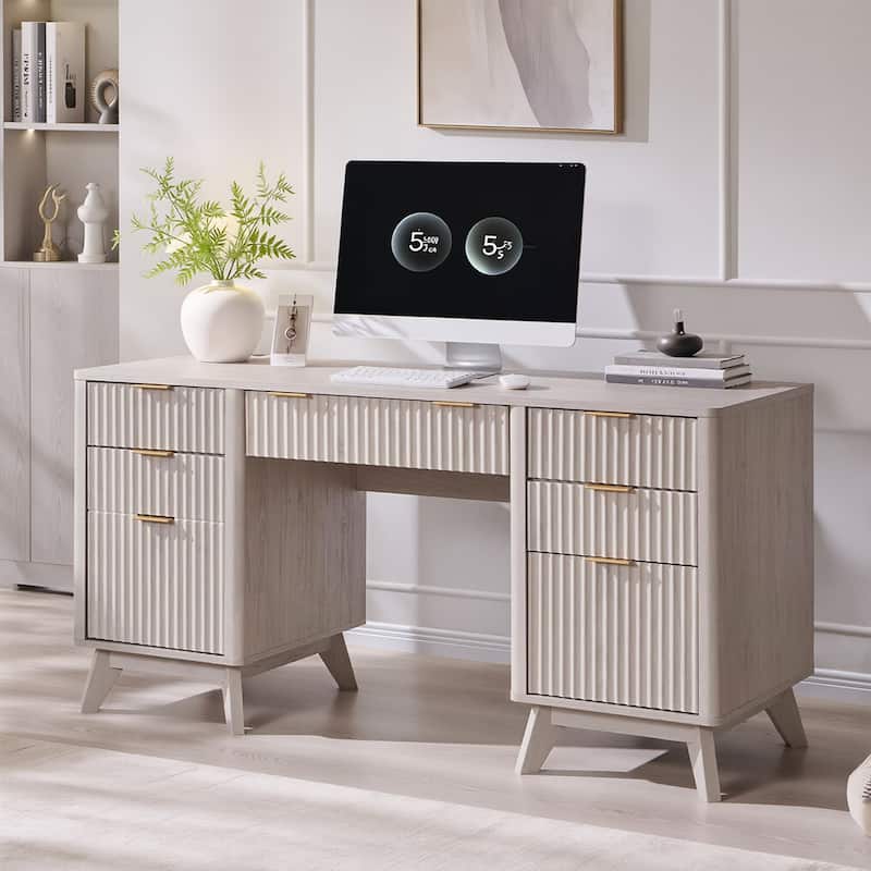 Modern Executive Desk with Charging Station, Home Office Computer Desk - Off White
