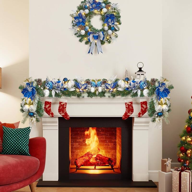 6ft Blue Flowers Christmas Garland with 20 LED Lights - N/A