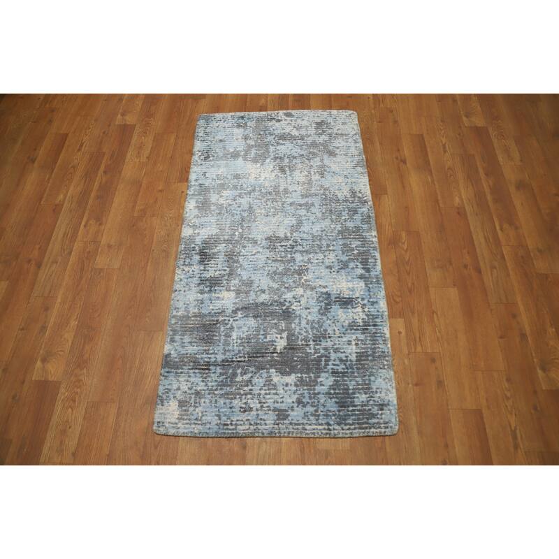 Hand Knotted Oriental Viscose Silk Carpet Modern Abstract Navy Blue & Blues Abstract Area Rug - 4' 0'' X 2' 0''
