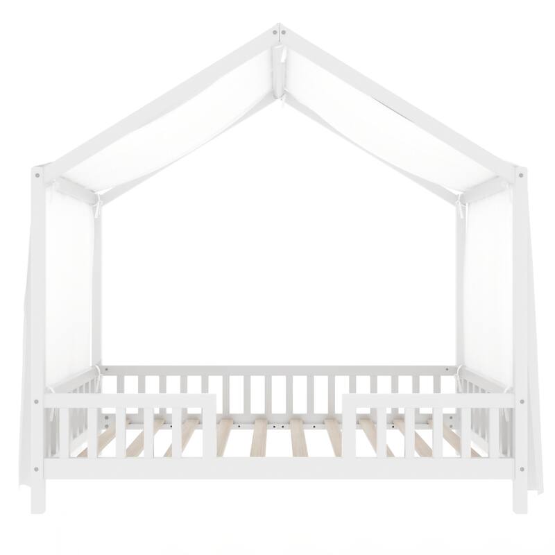 Twin Bed Frame for Kids, House Shape Toddler Bed Frame with High Railings, Wood Kids Bed with Roof