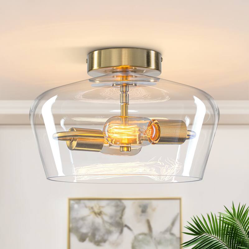 Starsky 2-Light Contemporary Drum Glass Semi Flush Mount - Gold