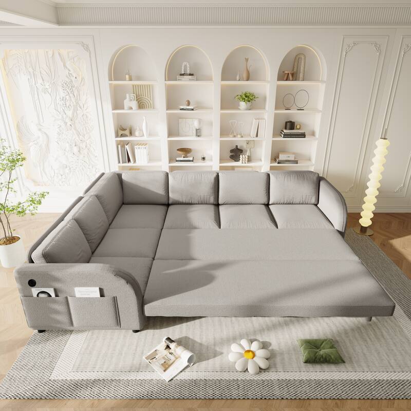 115" L-Shaped Sectional with Pull-Out Bed, USB Ports & Side Pockets, King Size Upholstered Bed