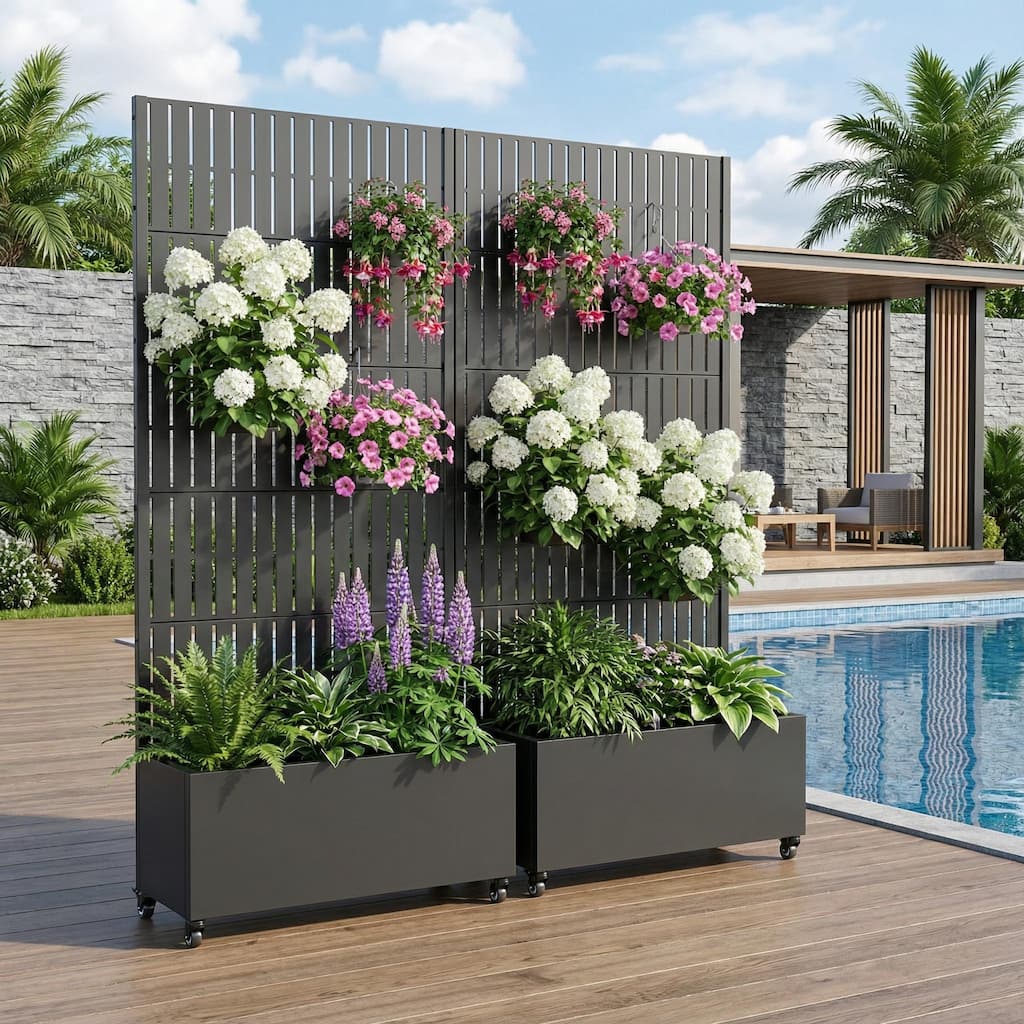 Outdoor Metal Planter Box Raised Garden Beds with Trellis (Set of 2)