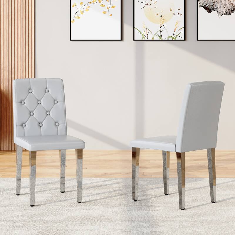 2-piece Set of PU Dining Chairs: Ergonomically Designed Buckle Backrest, 35 inches High, Metal Legs - Light Gray,Silver