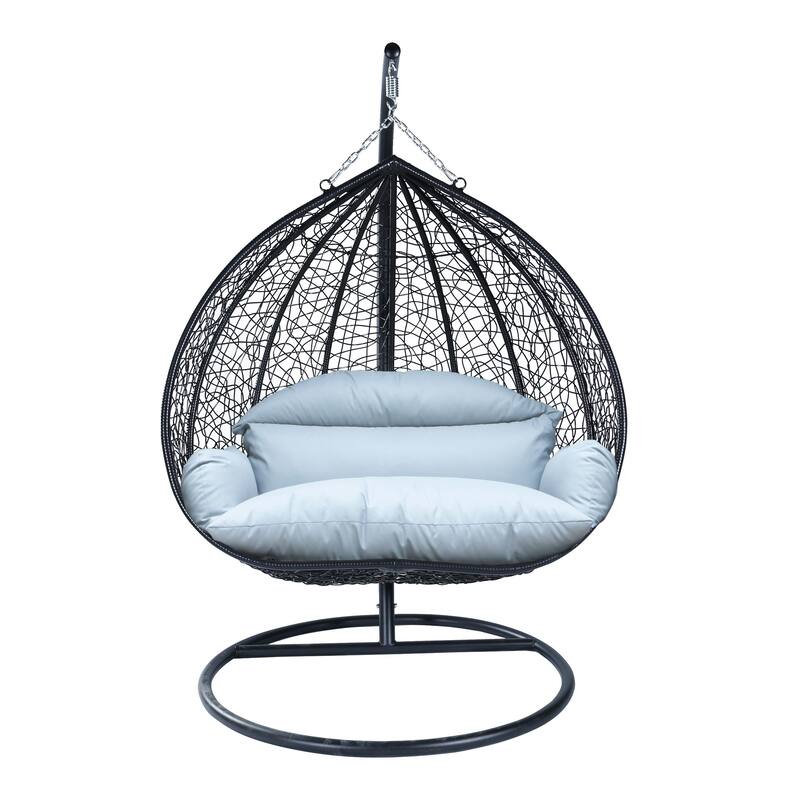 2-Person Outdoor Hanging Egg Chair with Teardrop Frame, Weather-Resistant Cotton Cushioned Seat for Patio and Indoor Use - Light Grey