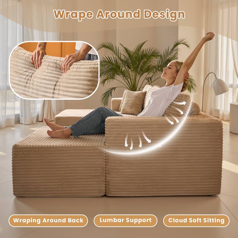 HOOOWOOO Modern Plush Corduroy L-shaped Sofa Chaise Lounge with Ottoman