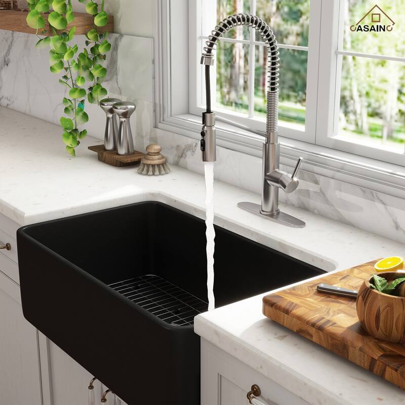 Farmhouse/Apron-Front Single Bowl Fireclay Kitchen Sink with 3-Function Pull-Down Kitchen Faucet, Grid, and Basket Strainer