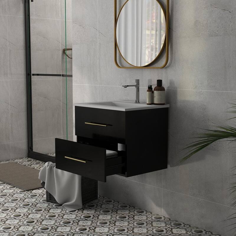 24-Inch Wall-Mounted Bathroom Vanity with Sink Combo,Double Drawers, Ceramic Basin, Easy Assemble,2 Storage Drawers