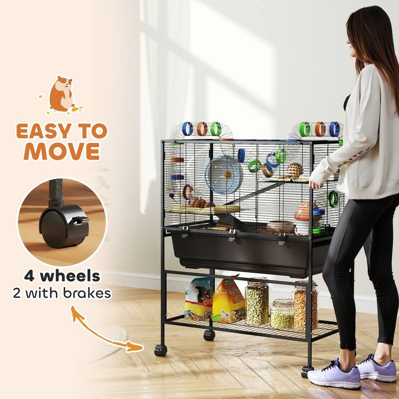 Three-Tier Hamster Tank with Wheels, Storage Shelf and Accessories - 32.3" L x 17.7" W x 41.9" H