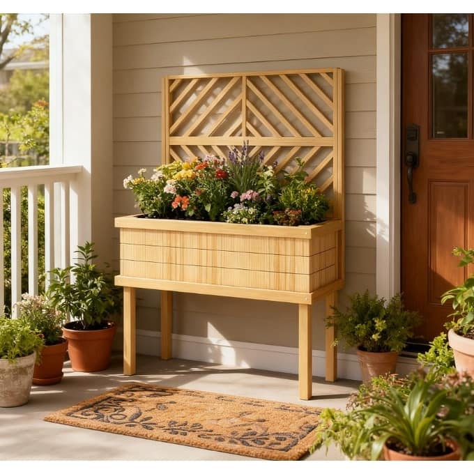 Raised Garden with Trellis, Bed Elevated Wood Planter with Legs and Drainage Holes