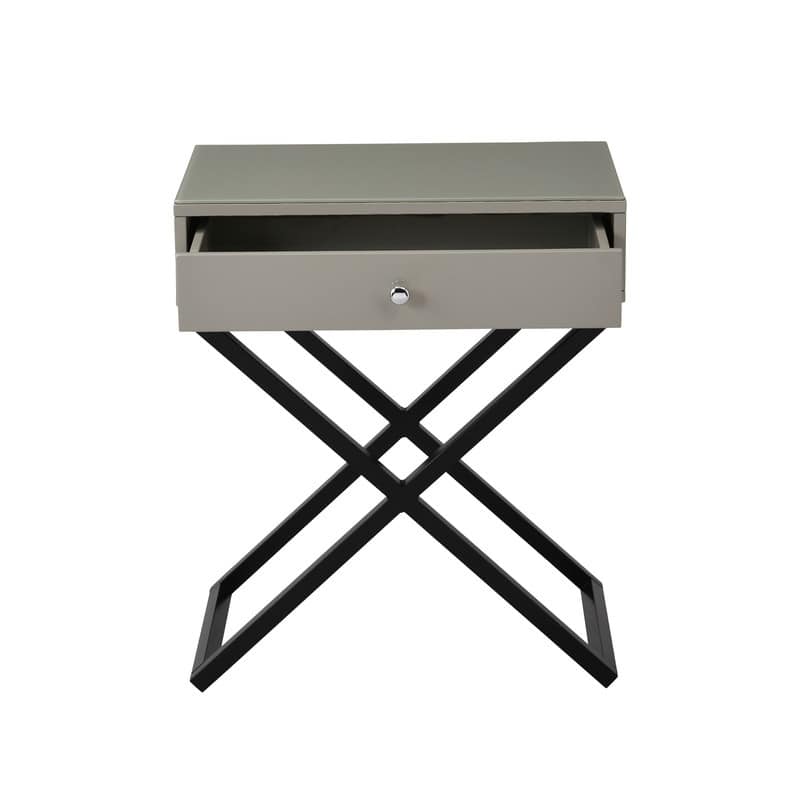 End Side Table Nightstand with Glass Top, Drawer and Cross Base