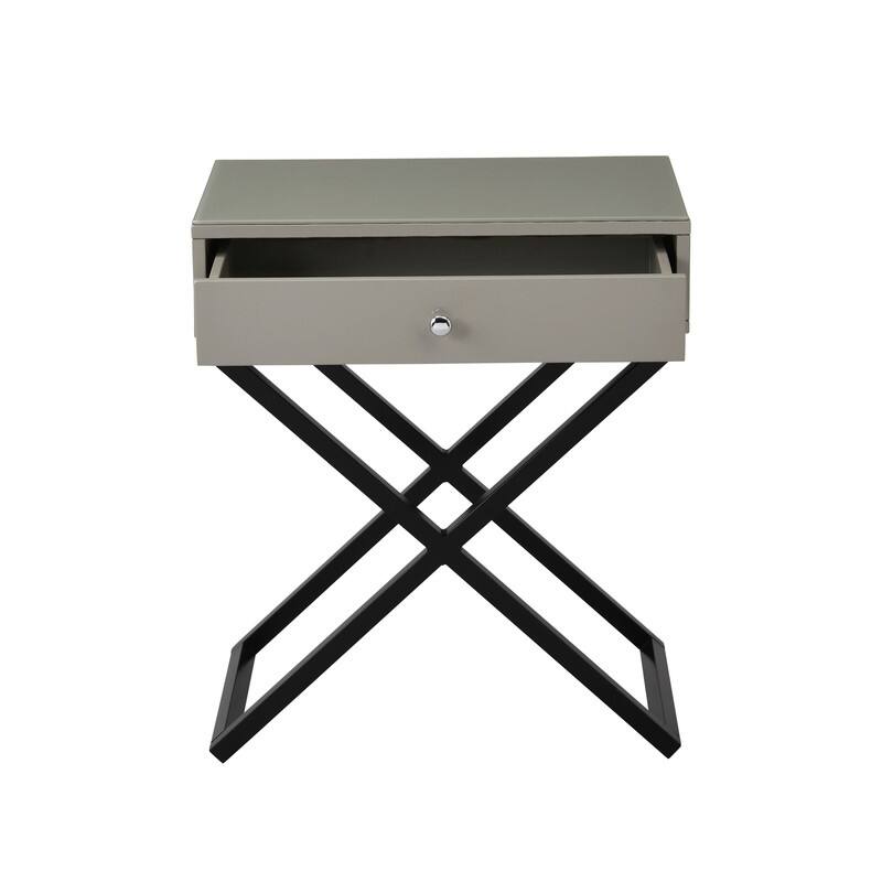 Wooden End Side Table Nightstand with Glass Top, Drawer and Metal Cross Base - Taupe