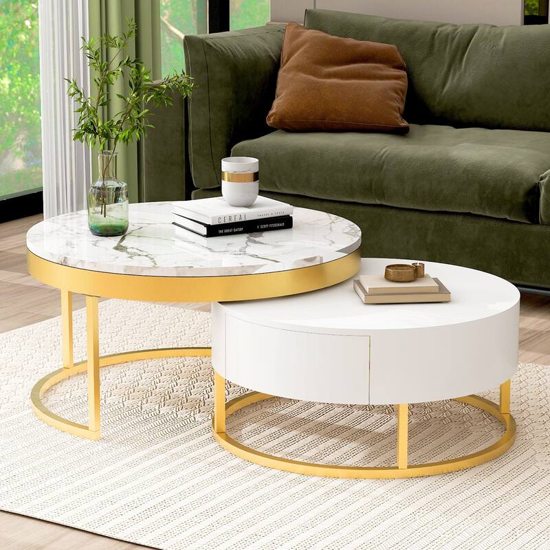Modern Round Nesting Coffee Table with Drawers in White - Gold