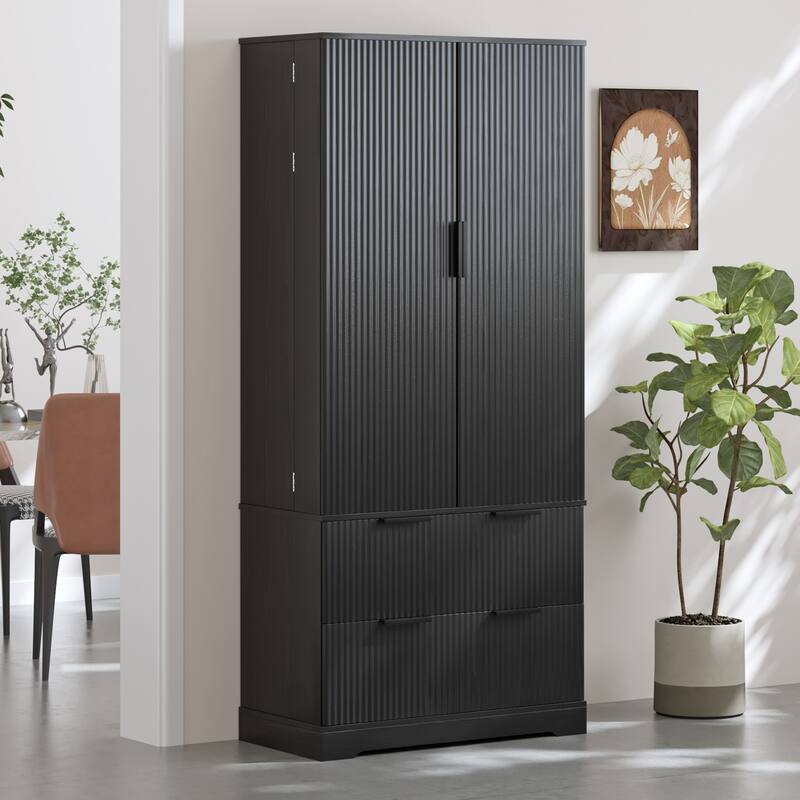 71.65" H Fluted Kitchen Pantry Cabinet, Freestanding Storage Cabinet Buffet Sideboard with 2 Large Drawers & 8-Door Spice Rack