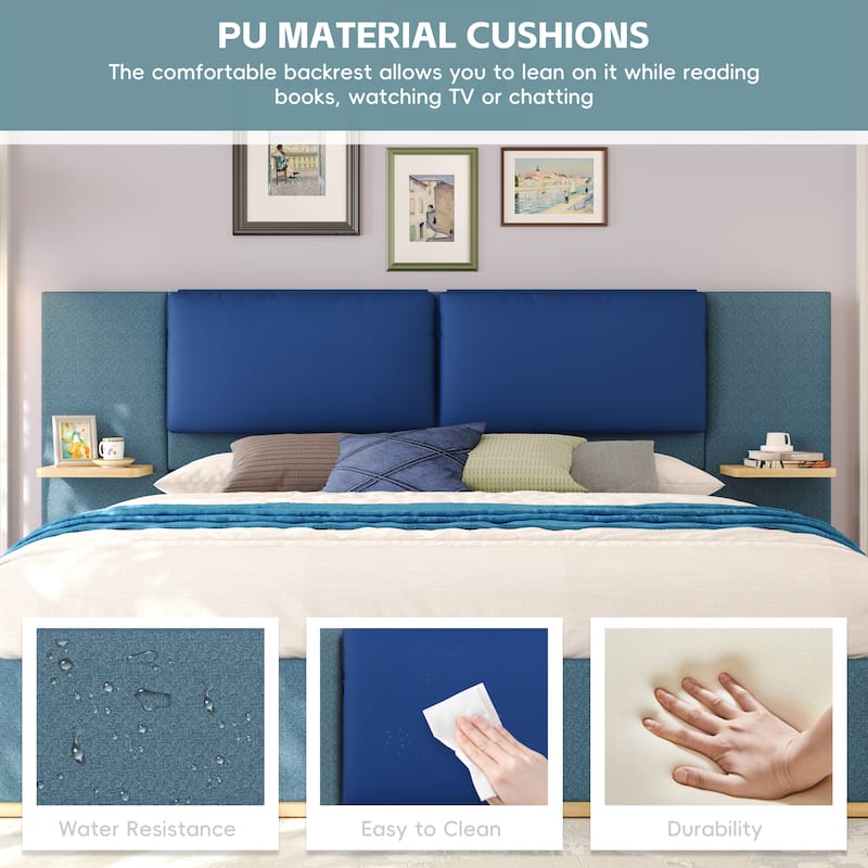 Roomfitters Queen Size Upholstered Platform Bed Frame, Modern Panel Headboard with Rounded Corners, Solid Wood Slats