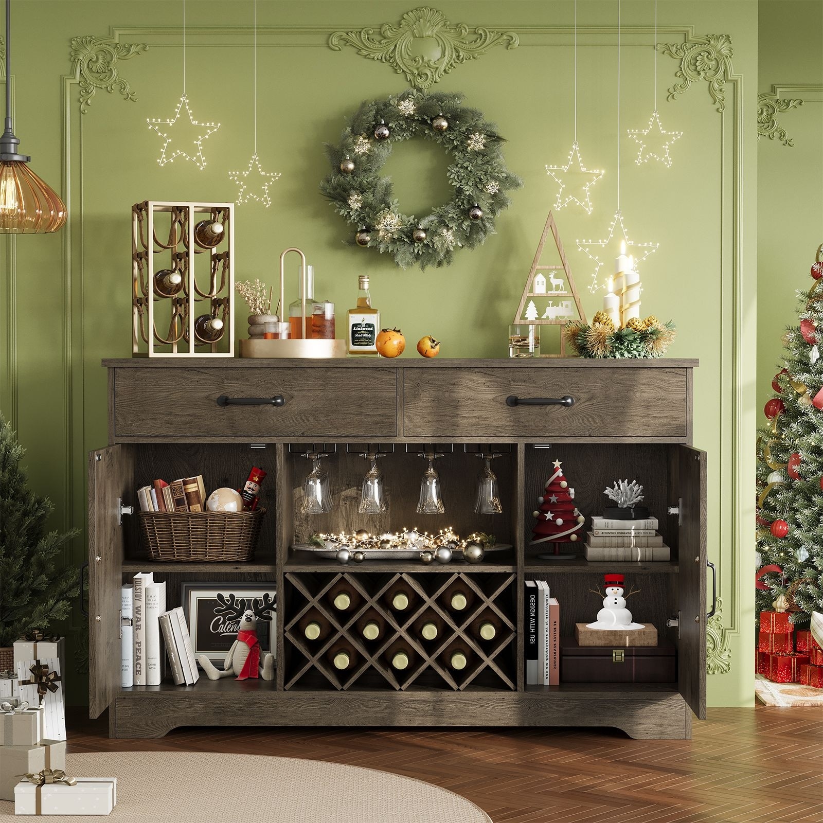 Meyreso 55" Oak Farmhouse Coffee Bar Cabinet with Hutch and Wine Storage