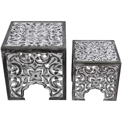2 Antique Gray Black Square Stackable Nesting Side Table Stool 16"