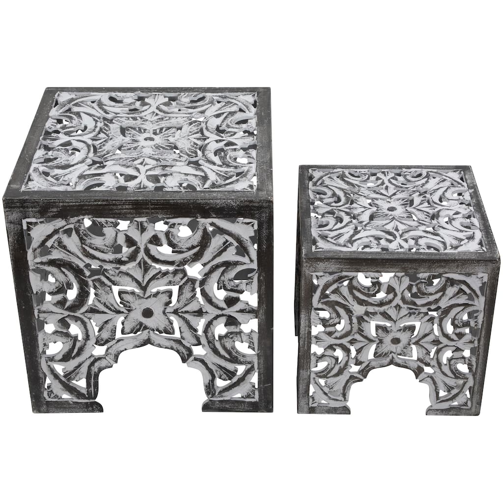 2 Antique Gray Black Square Stackable Nesting Side Table Stool 16"