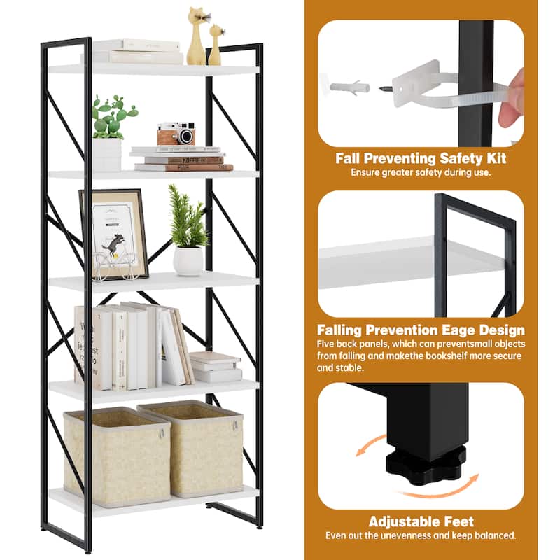 H-Shaped 5-Tier Storage Bookcase, 62.2" Tall Standing Bookshelf with Adjustable Feet