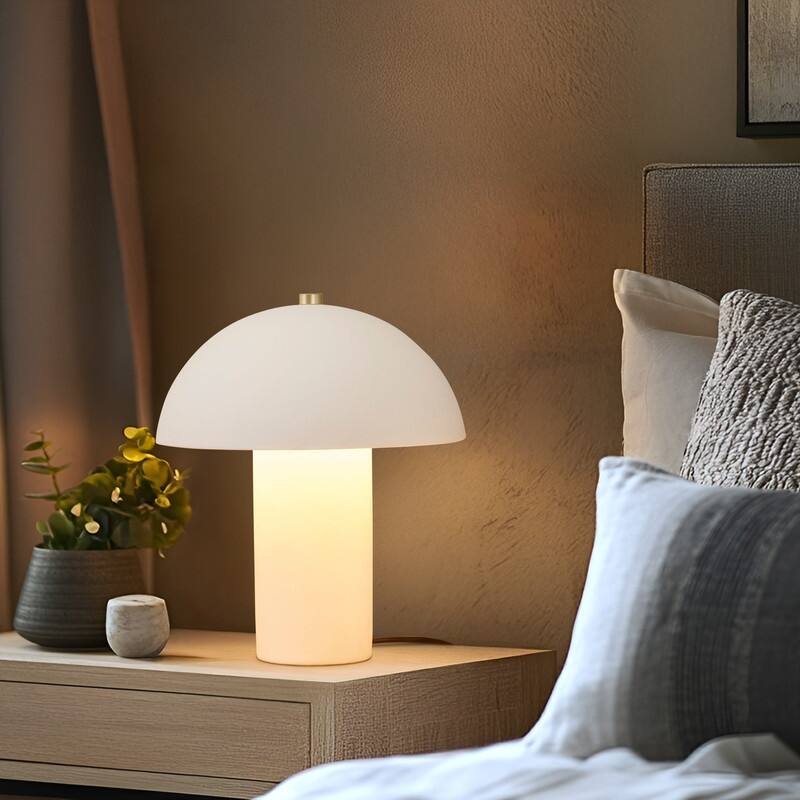 Brightech Alba LED Off-White Cream Ceramic Midcentury Round Dome Dimmable Bedside Nightstand Desk Lamp