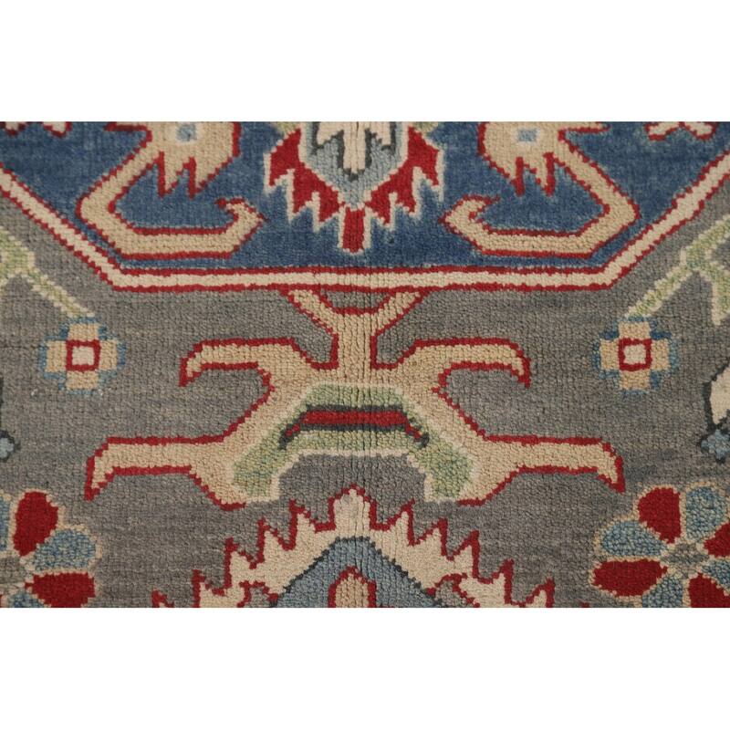 Gray Geometric Kazak Area Rug Handmade Oriental Wool Carpet - 4'11" x 7'0"
