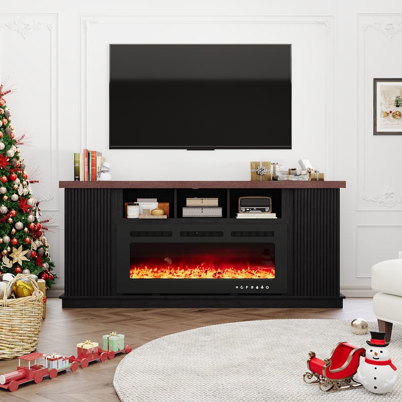 Erommy 70" TV Stand with Electric Fireplace Heater, Media Entertainment Center Console for TVs up to 80" with Storage Cabinet