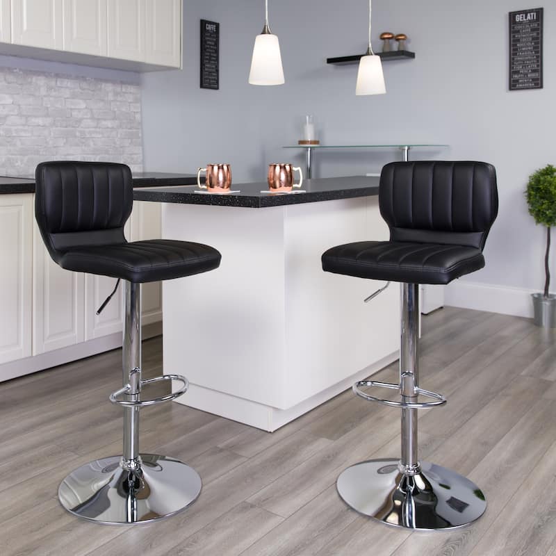 Vinyl Adjustable Barstool with Vertical Stitch Back (Set of 2) - Black Vinyl