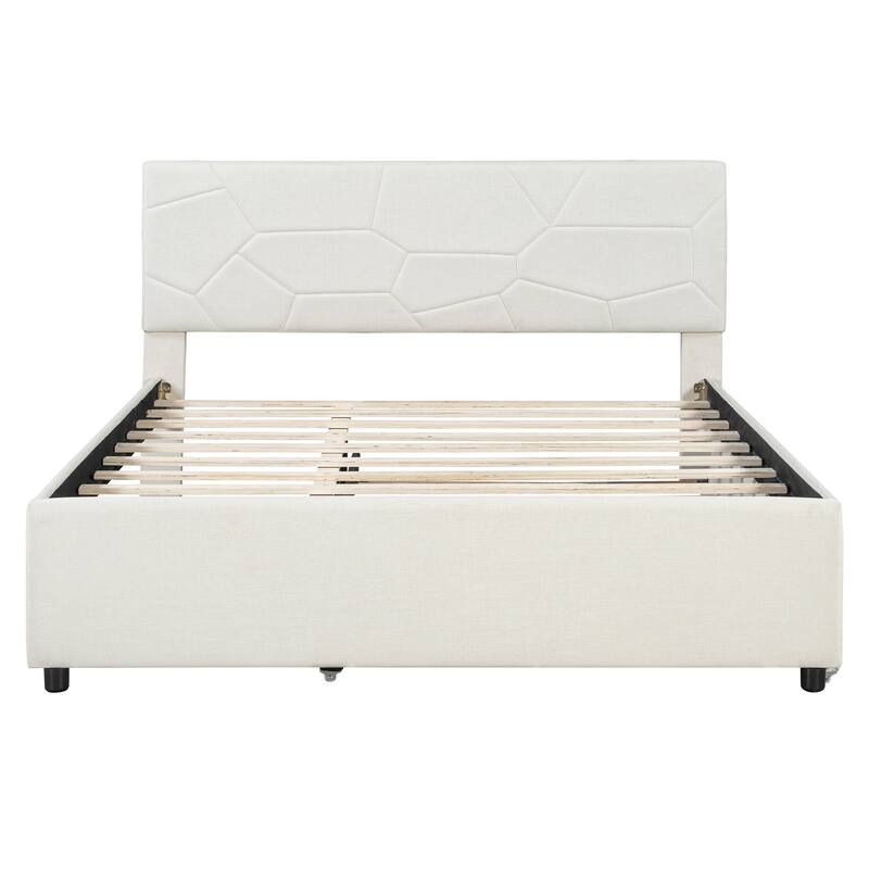Queen Size Upholstered Platform Bed with Brick Pattern Headboard and Twin XL Size Trundle, Linen Fabric, Beige