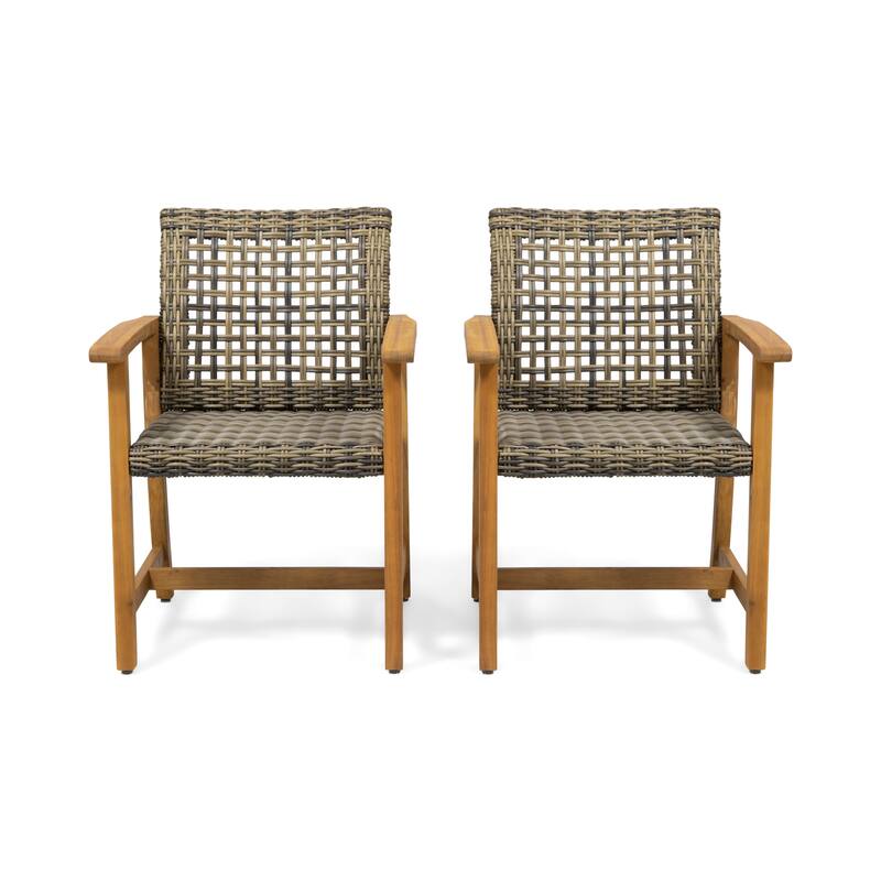2pc Hampton Dining Chair Set Natural Stained Acacia Wood and PE Rattan Outdoor Patio Furniture 33in