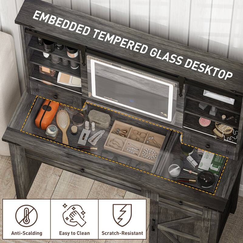 HOMCOM Vanity Desk with Mirror and Lights, 42" Glass Top Makeup Vanity Table Set with 3 Color Lighting, Shelves for Bedroom