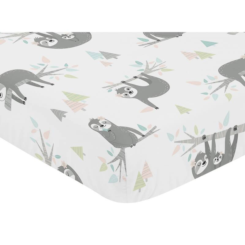 Sweet Jojo Designs Pink Grey Jungle Sloth Leaf Girl Fitted Crib Sheet - Blush Turquoise Gray Green Tropical Botanical Rainforest