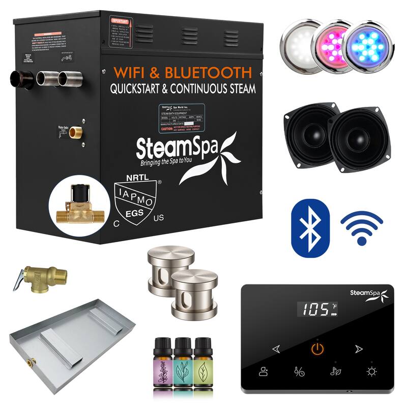 Black Series Steam Bath Generator with Fully Wireless Remote, BLUETOOTH, WIFI, and Auto Drain - 12 KW - Brushed Nickel
