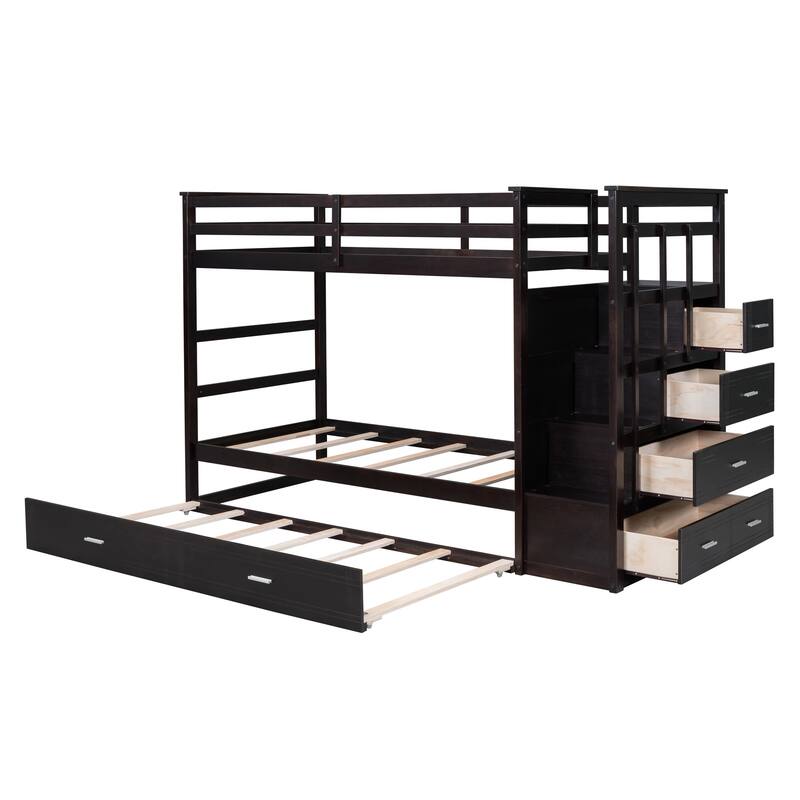 Space-Saving Twin Over Twin/Full Over Full Bunk Bed with Trundle and Storage Stairs, Solid Pine Wood Frame
