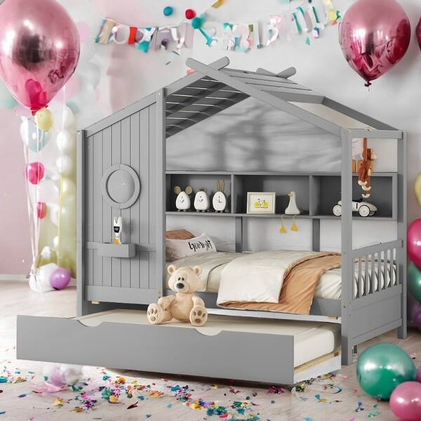 slide 2 of 18, Modern Design Twin Size House Bed With Wooden Trundle-Gray Gray