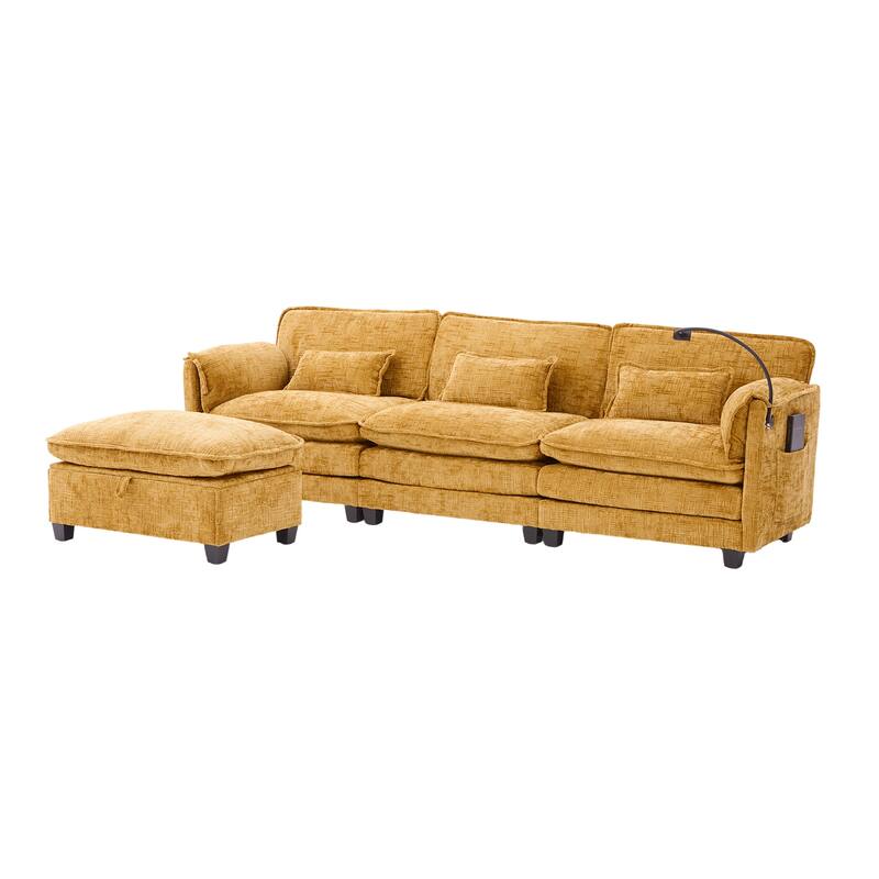 Modern Chenille Chaise Couch L-shaped Sectional Sofa with Storage Ottoman, Phone Holder, USB/Type-C Ports and Side Pockets