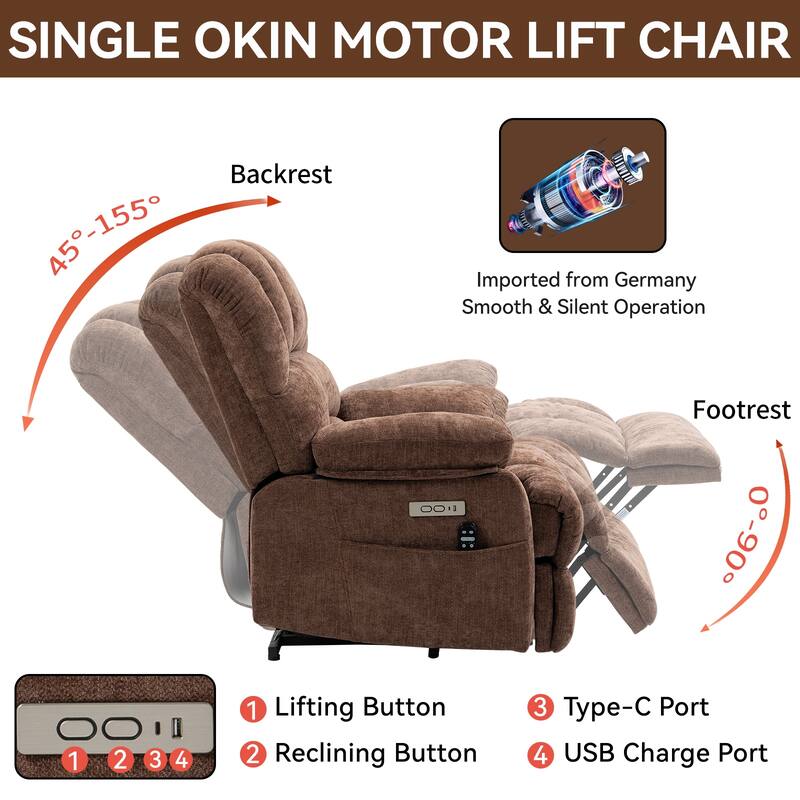 Oversized Power Lift Recliner Chair with Massage, Heat, 8-Point Vibration, Lumbar Heating, USB Port, Dual Side Pockets