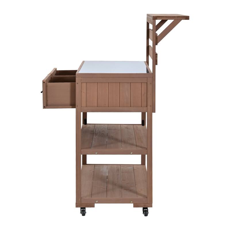 Solid Wood 62.3'' Patio Kitchen Island Kitchen Cart with Stainless Table Top, Garden Potting Bench with Raised Shelf and Drawers