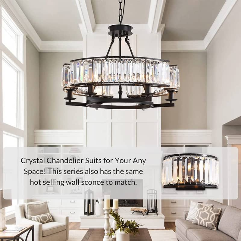 26 in. Round Crystal Chandelier Black Industrial Dining Room Light Fixtures 6-Light for Farmhouse Living Room Foyer