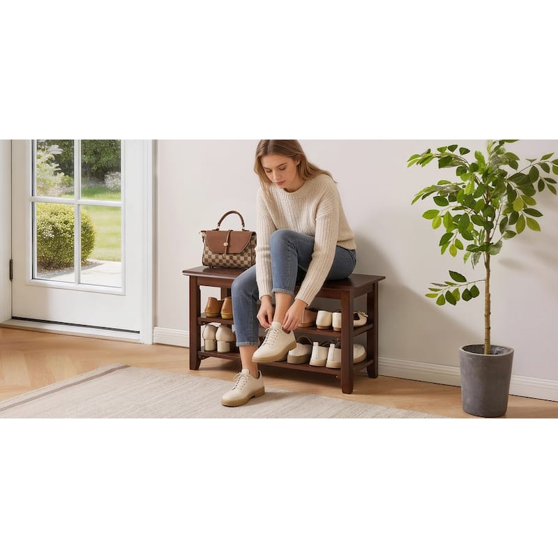 Solid Wood Shoe Bench, 2-Tier Entryway Shoe Rack Bench, Wooden Shoe Organizer with Storage Shelves, Seat Shoe Bench for Hallway