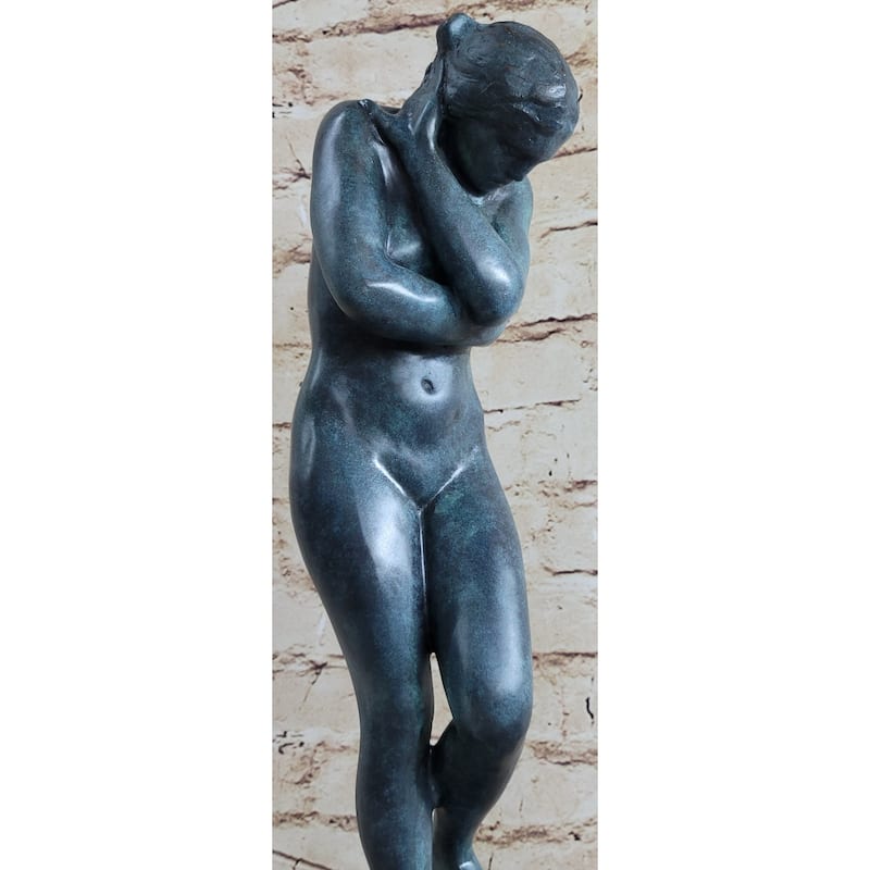 Eve By Auguste Rodin 1880 Bronze Statue Sculpture Replica Green Patina On Tan Marble Base