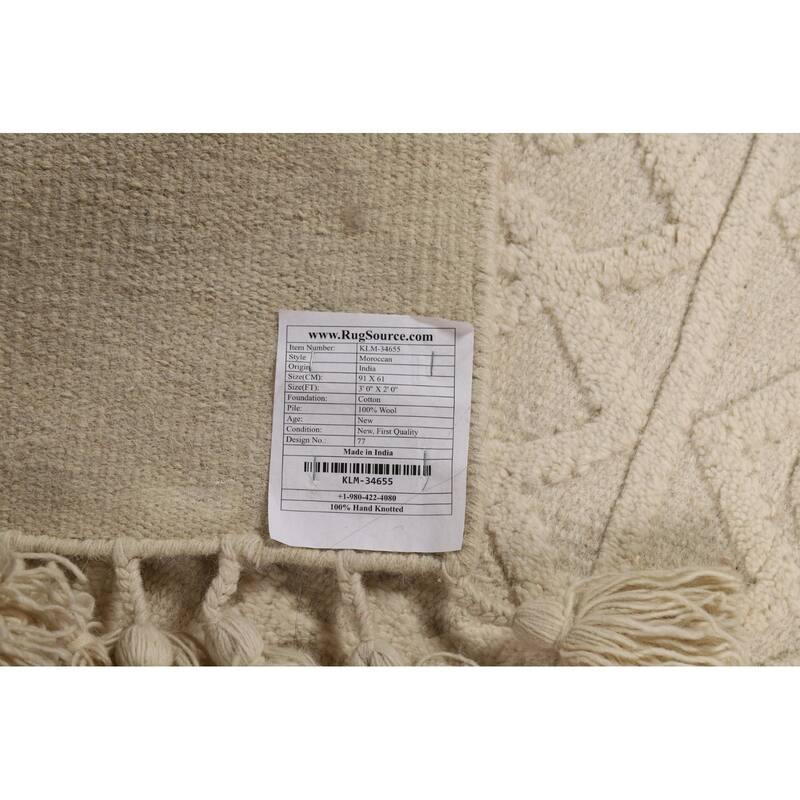 Geometric Ivory Moroccan Oriental Foyer Rug Hand-Knotted Wool Carpet - 2'0"x 3'0"
